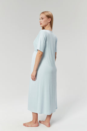 Lace Embroidered Maternity & Nursing Nightgown With Robe Blue - 526