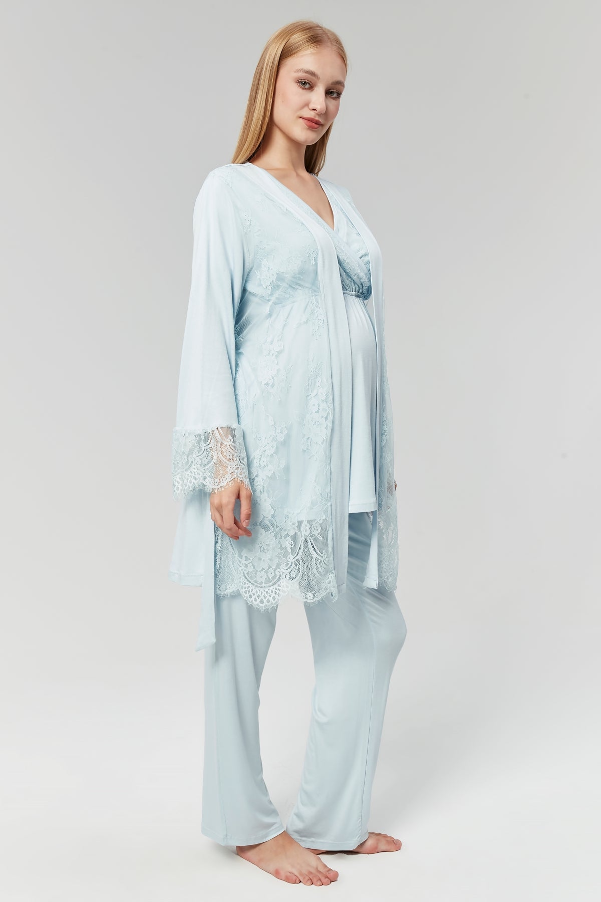 Lace Embroidered 3-Pieces Maternity & Nursing Pajamas With Robe Blue - 527