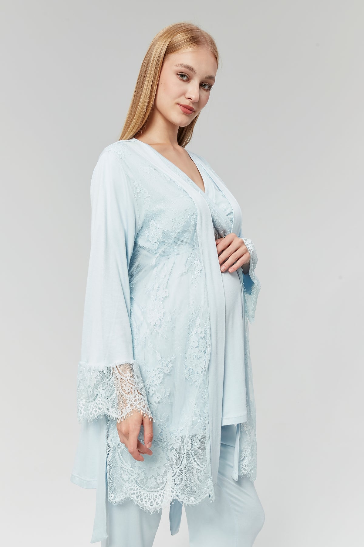 Lace Embroidered 3-Pieces Maternity & Nursing Pajamas With Robe Blue - 527