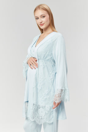 Lace Embroidered 3-Pieces Maternity & Nursing Pajamas With Robe Blue - 527