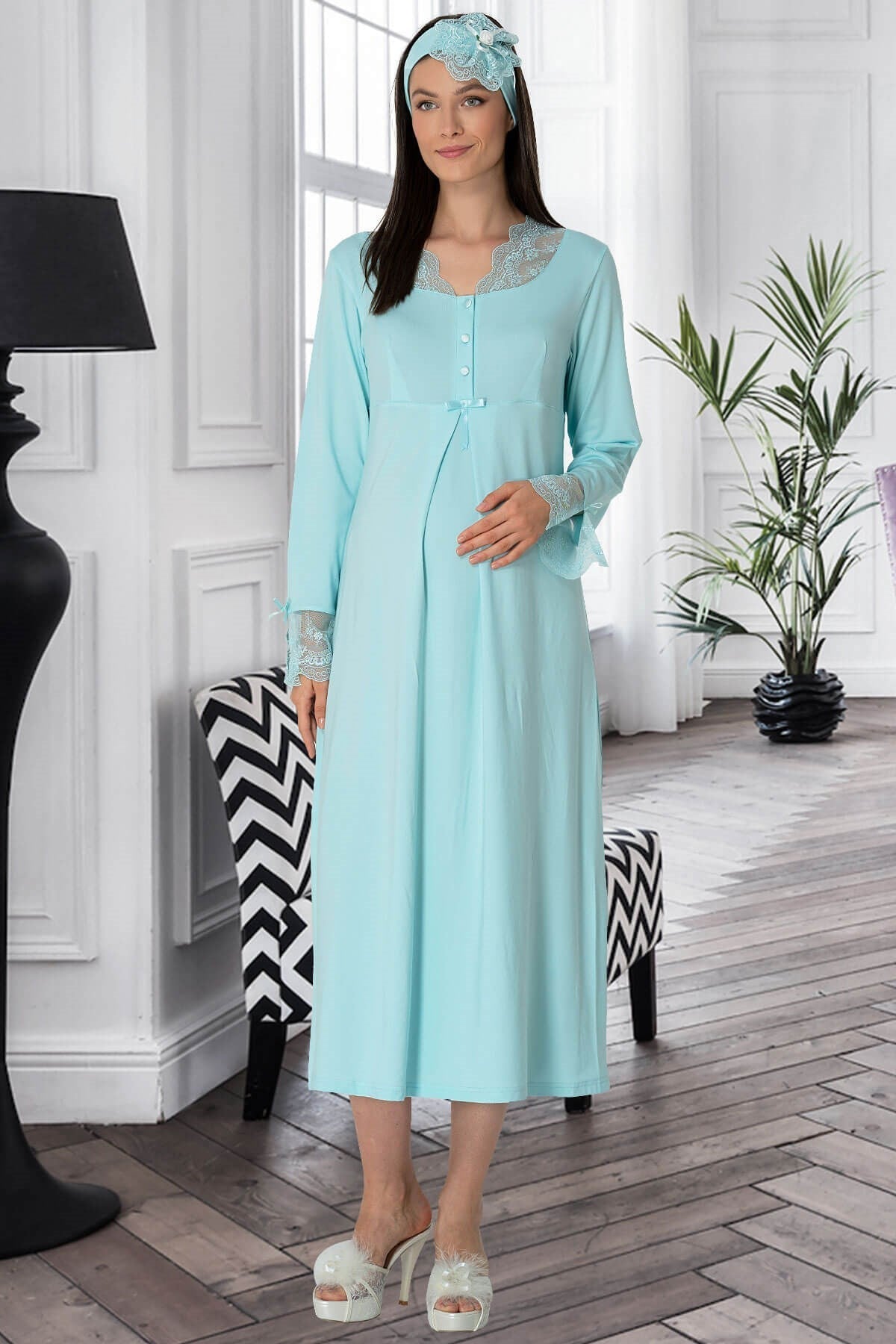 Lace Sleeves Maternity & Nursing Nightgown Turquoise - 5312