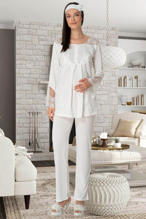 Lace Collar 3-Pieces Maternity & Nursing Pajamas With Robe Ecru - 5353