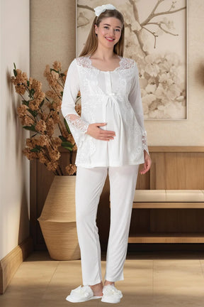 Lace Collar 3-Pieces Maternity & Nursing Pajamas With Robe Ecru - 5353