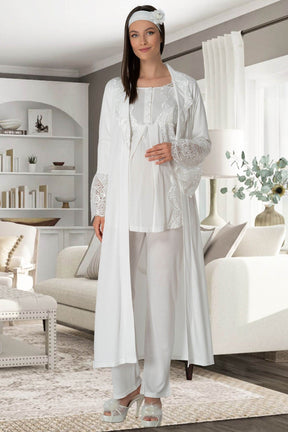 Lace Collar 3-Pieces Maternity & Nursing Pajamas With Robe Ecru - 5353