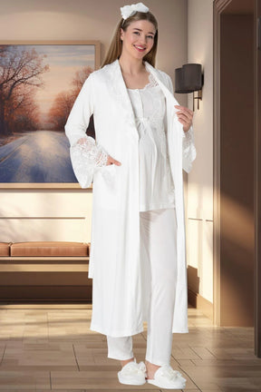 Lace Collar 3-Pieces Maternity & Nursing Pajamas With Robe Ecru - 5353