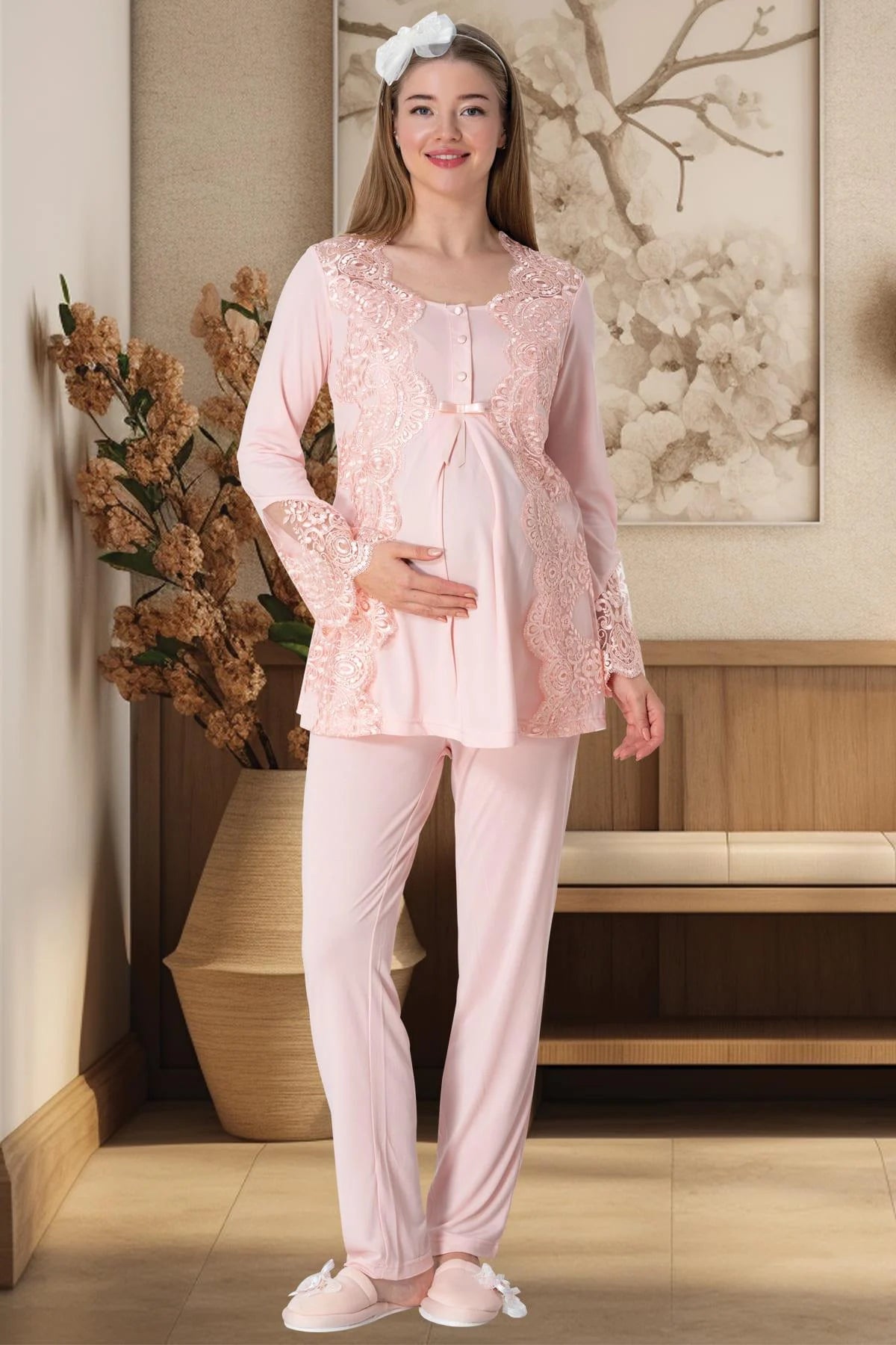 Lace Collar 3-Pieces Maternity & Nursing Pajamas With Robe Powder - 5353