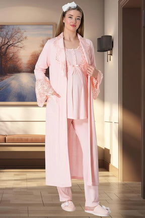 Lace Collar 3-Pieces Maternity & Nursing Pajamas With Robe Powder - 5353