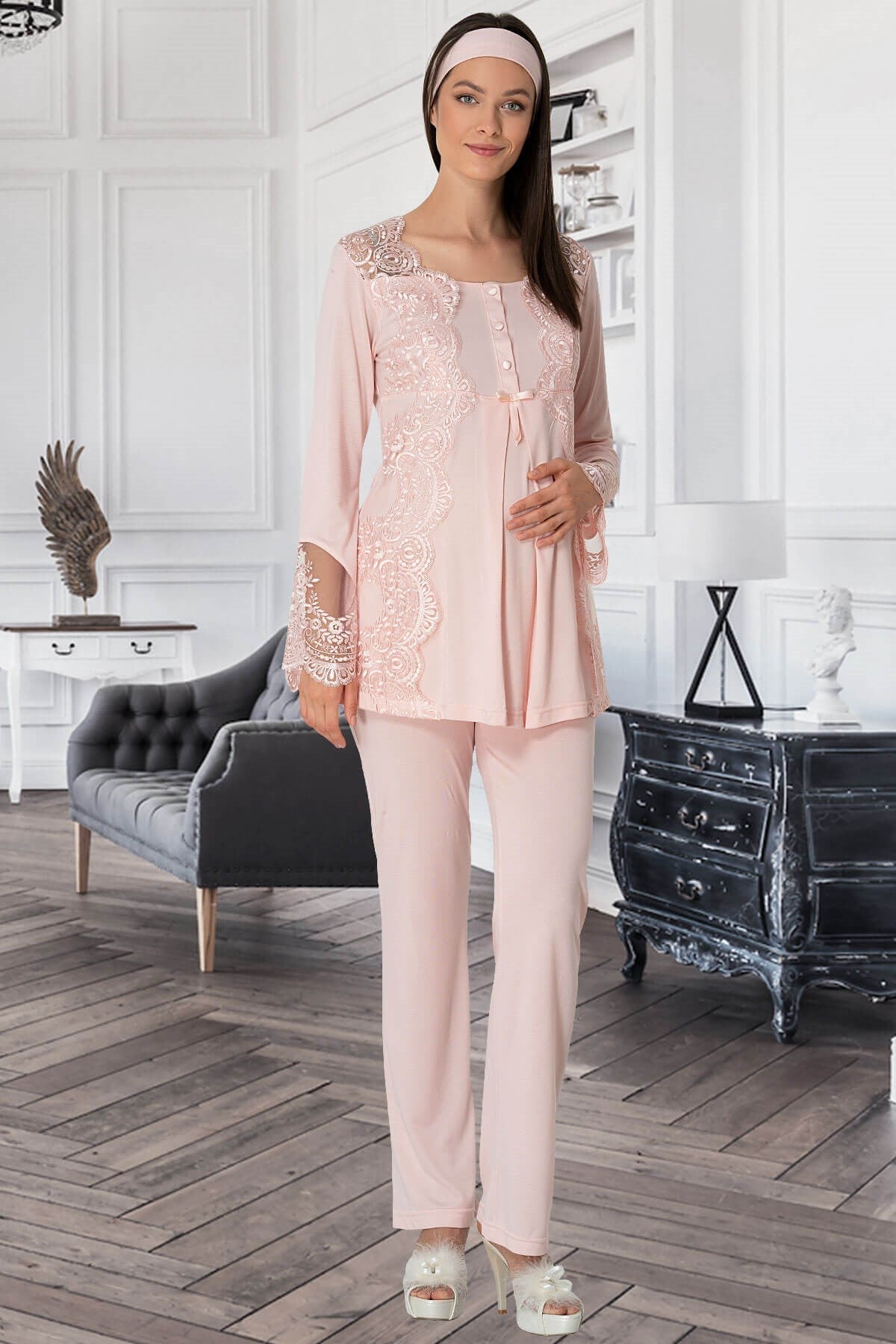 Lace Collar 3-Pieces Maternity & Nursing Pajamas With Robe Powder - 5353