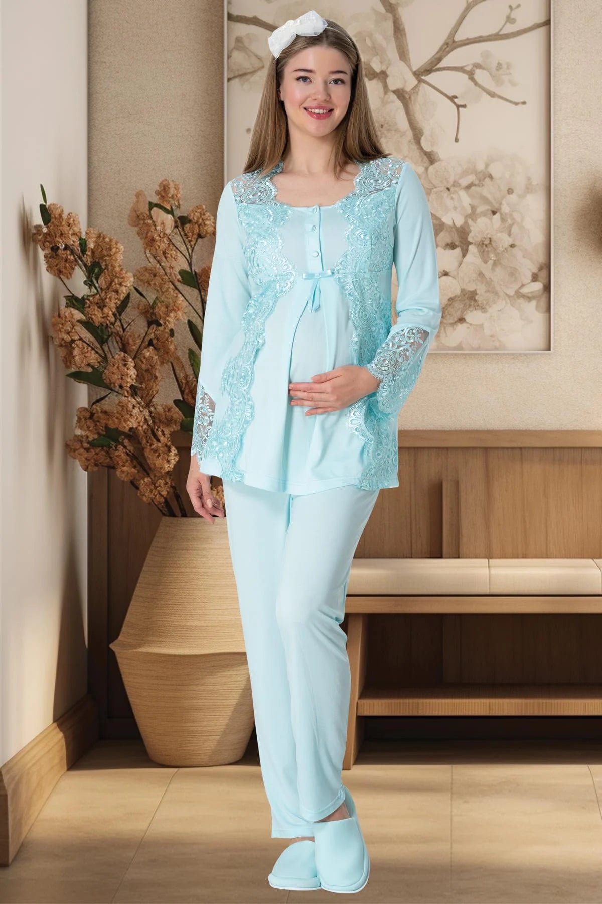 Lace Collar 3-Pieces Maternity & Nursing Pajamas With Robe Turquoise - 5353