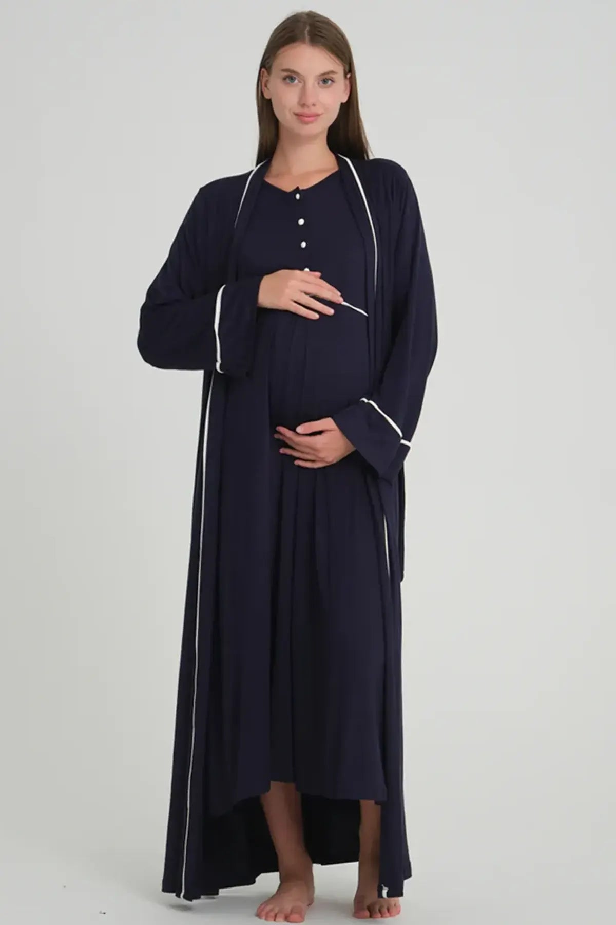 Bias Maternity-Nursing Nightgown & Robe Set Navy Blue - 535