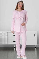 Elegant Lace Maternity & Nursing Pajamas Pink - 5414