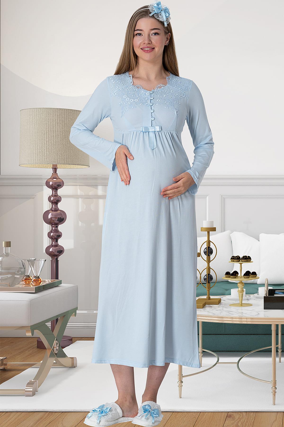 Elegant Lace Maternity & Nursing Nightgown Blue - 5415