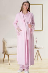 Elegant Lace 3-Pieces Maternity & Nursing Pajamas With Robe Pink - 5416