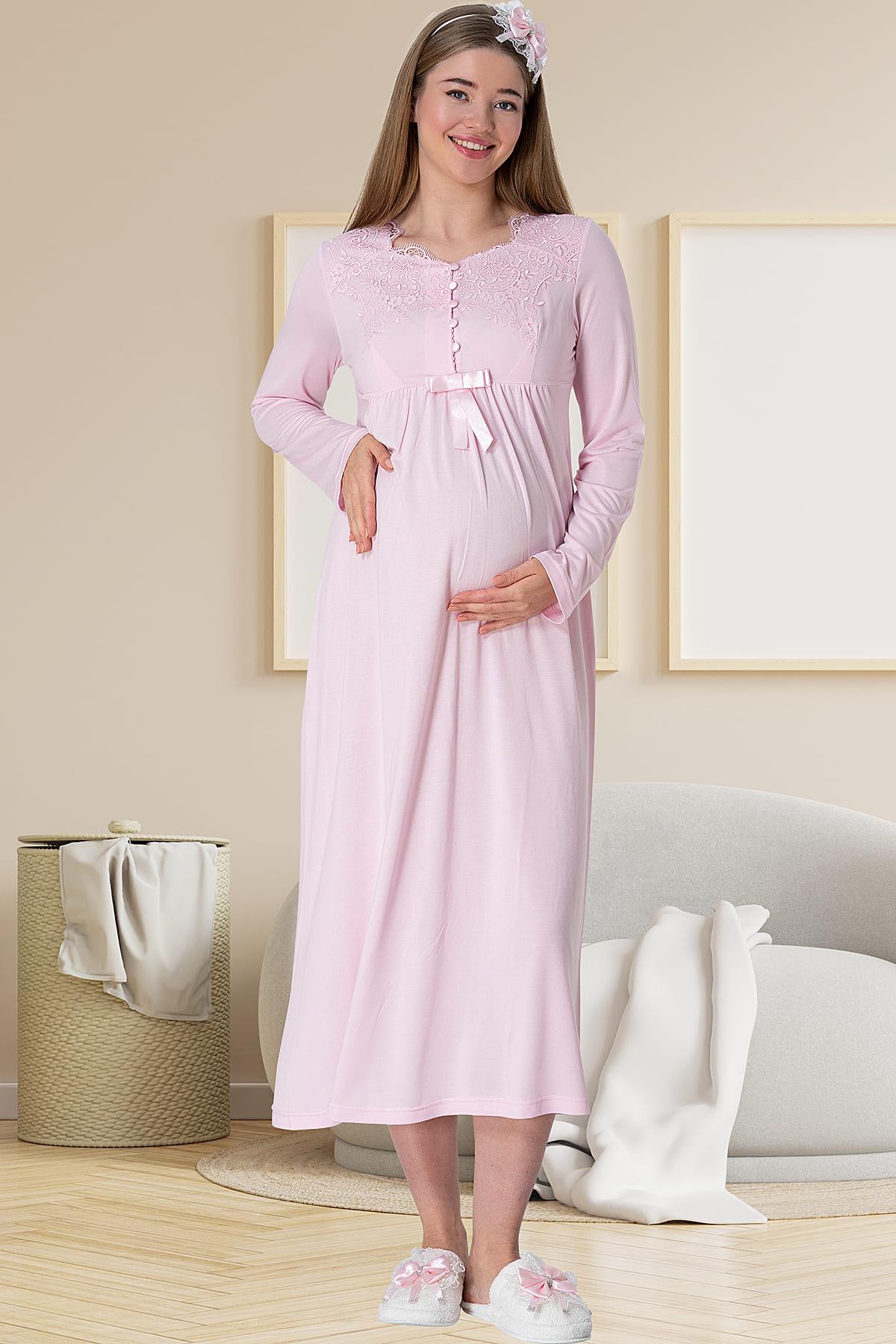 Elegant Lace Maternity & Nursing Nightgown With Robe Pink - 5417