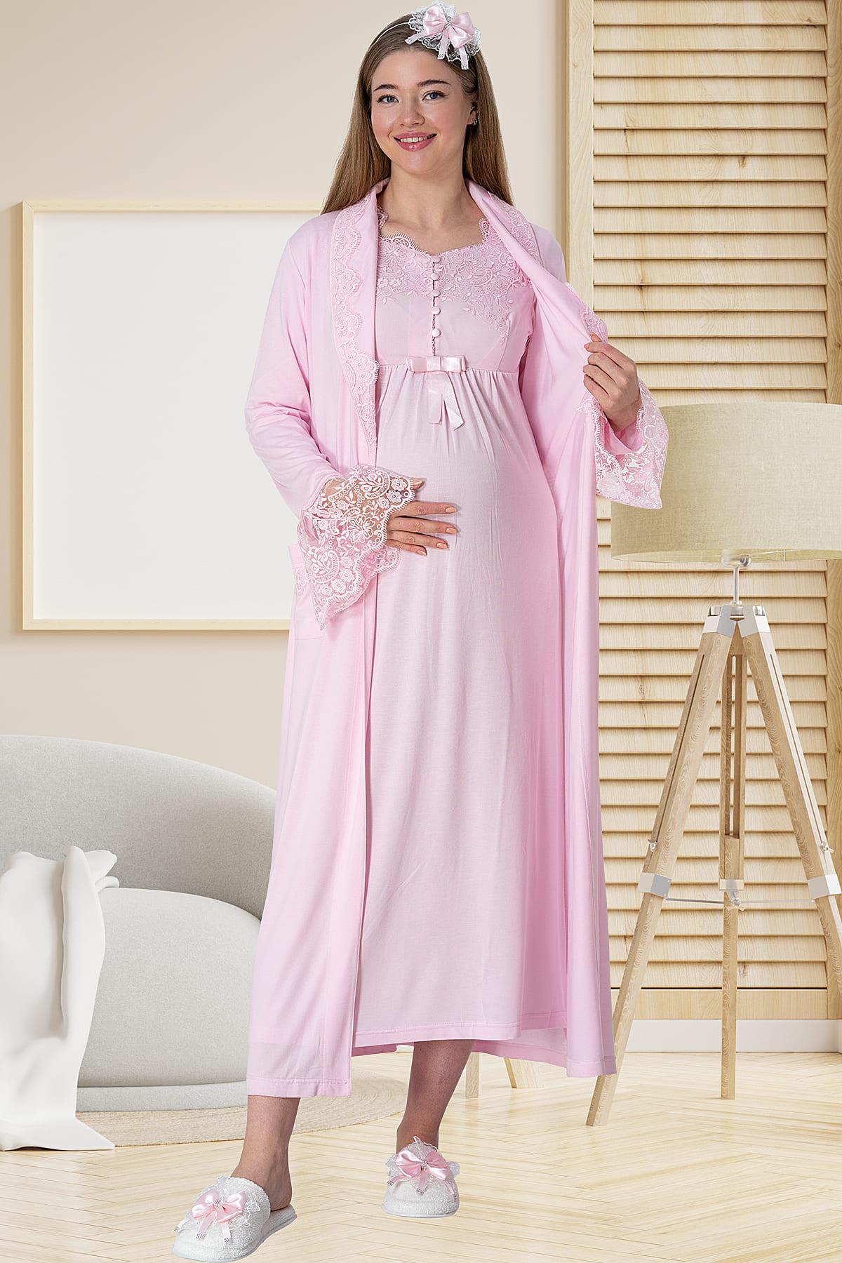 Elegant Lace Maternity & Nursing Nightgown With Robe Pink - 5417