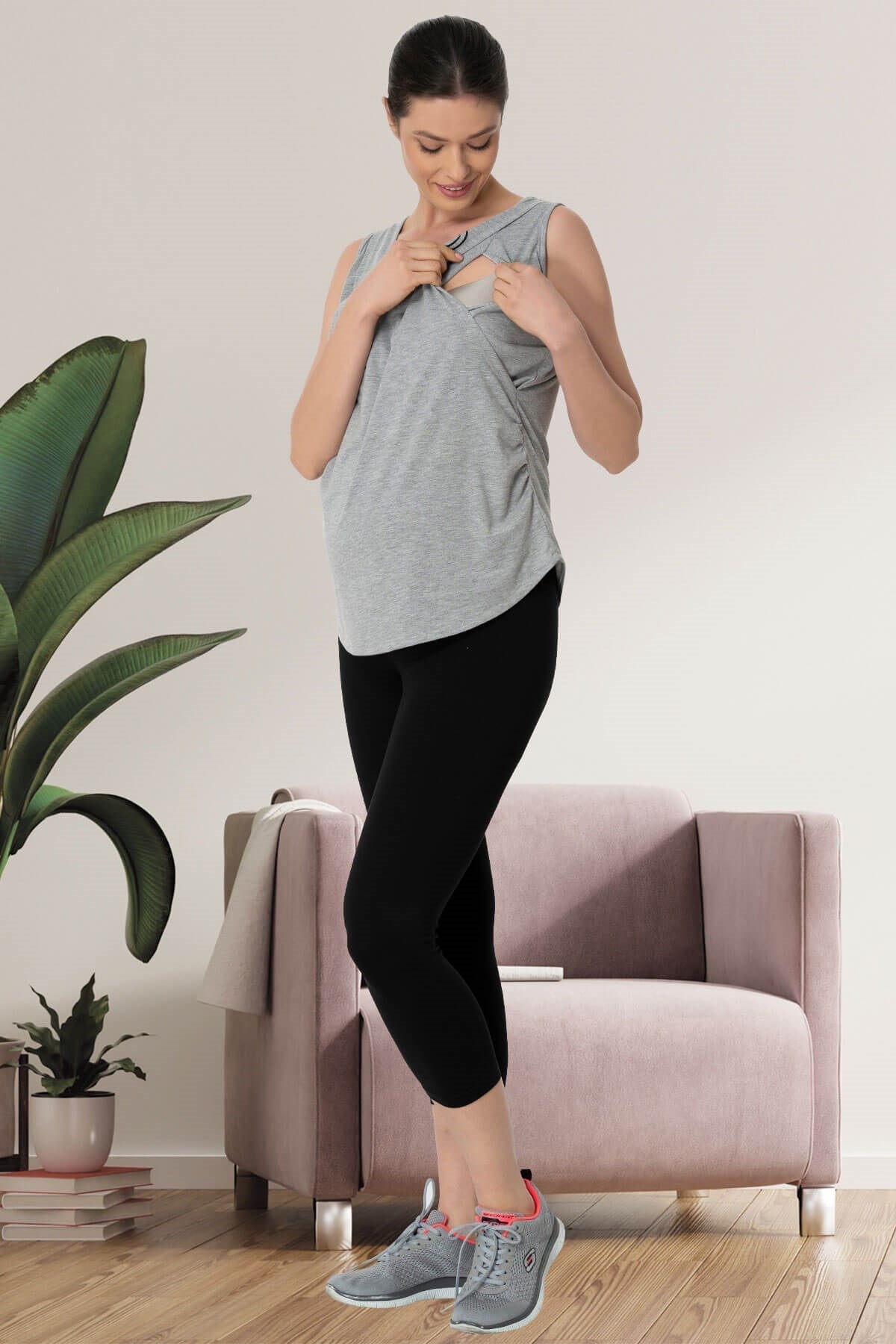 Maternity T-Shirt & Capri Leggings Set Grey - 5431