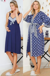 Strap Lace Collar Maternity-Nursing Nightgown & Polka Dot Robe Set Navy Blue - 544546