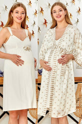 Strap Lace Collar Maternity-Nursing Nightgown & Polka Dot Robe Set Ecru - 544546