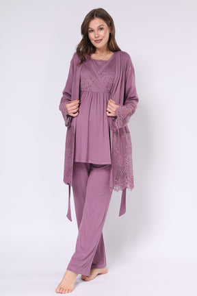 Lace Embroidered 3-Piece Maternity-Nursing Pajama & Robe Set Plum - 550