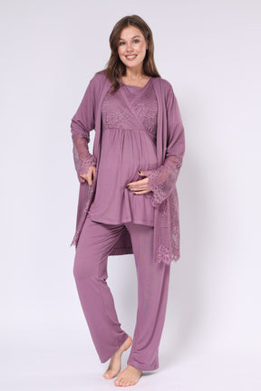 Lace Embroidered 3-Piece Maternity-Nursing Pajama & Robe Set Plum - 550