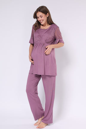 Lace Embroidered 3-Piece Maternity-Nursing Pajama & Robe Set Plum - 550