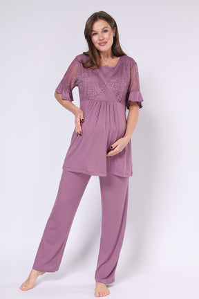 Lace Embroidered 3-Piece Maternity-Nursing Pajama & Robe Set Plum - 550