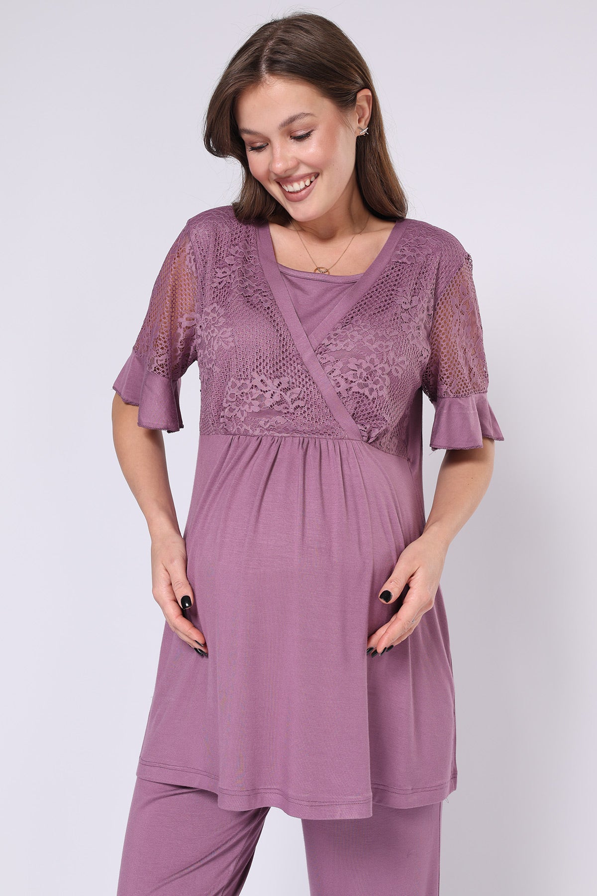 Lace Embroidered 3-Piece Maternity-Nursing Pajama & Robe Set Plum - 550