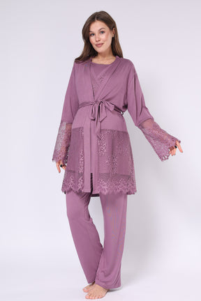 Lace Embroidered 3-Piece Maternity-Nursing Pajama & Robe Set Plum - 550