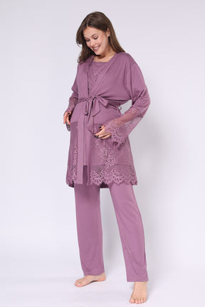 Lace Embroidered 3-Piece Maternity-Nursing Pajama & Robe Set Plum - 550