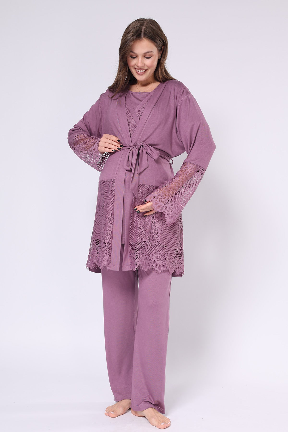 Lace Embroidered 3-Piece Maternity-Nursing Pajama & Robe Set Plum - 550