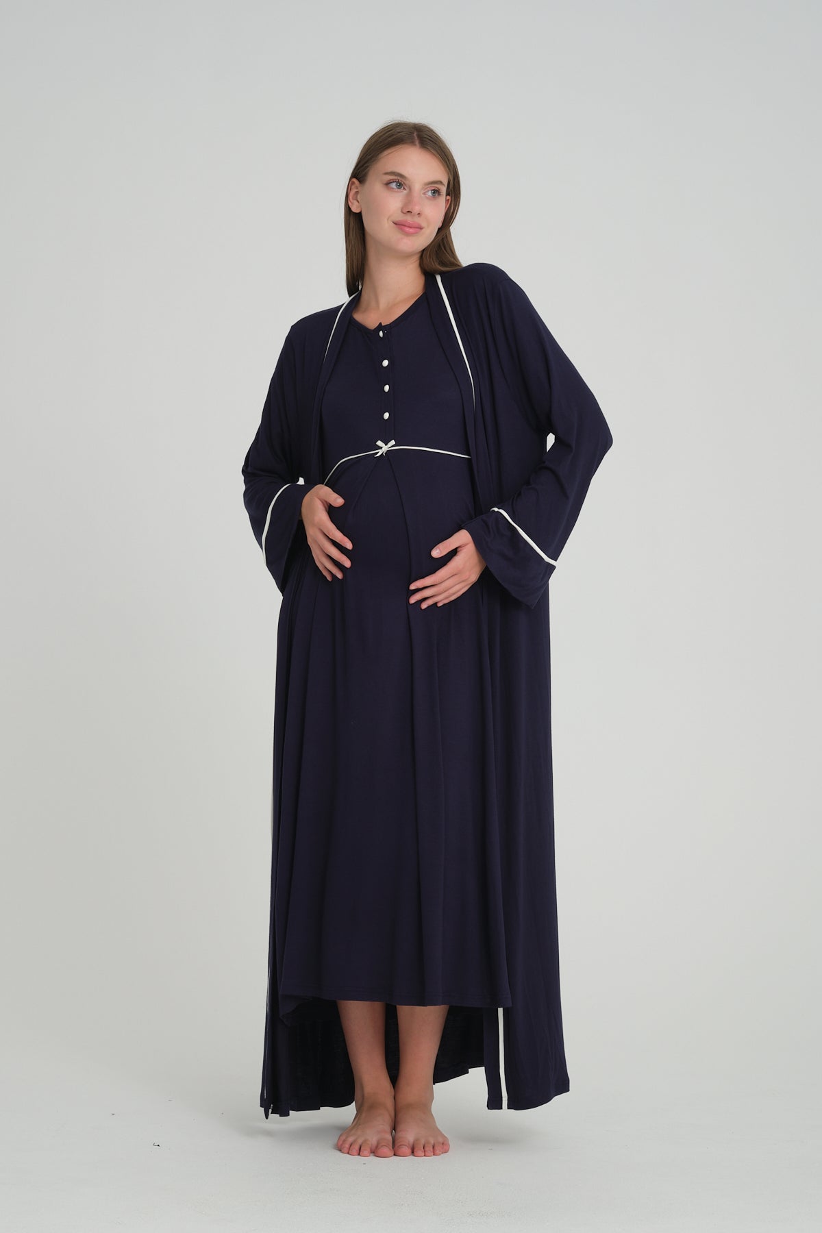 Bias Maternity & Nursing Nightgown With Robe Navy Blue - 550