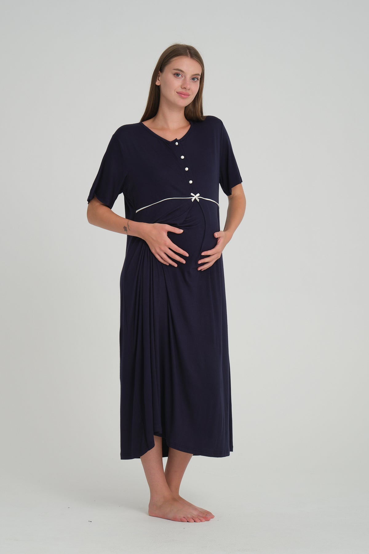 Bias Maternity & Nursing Nightgown With Robe Navy Blue - 550