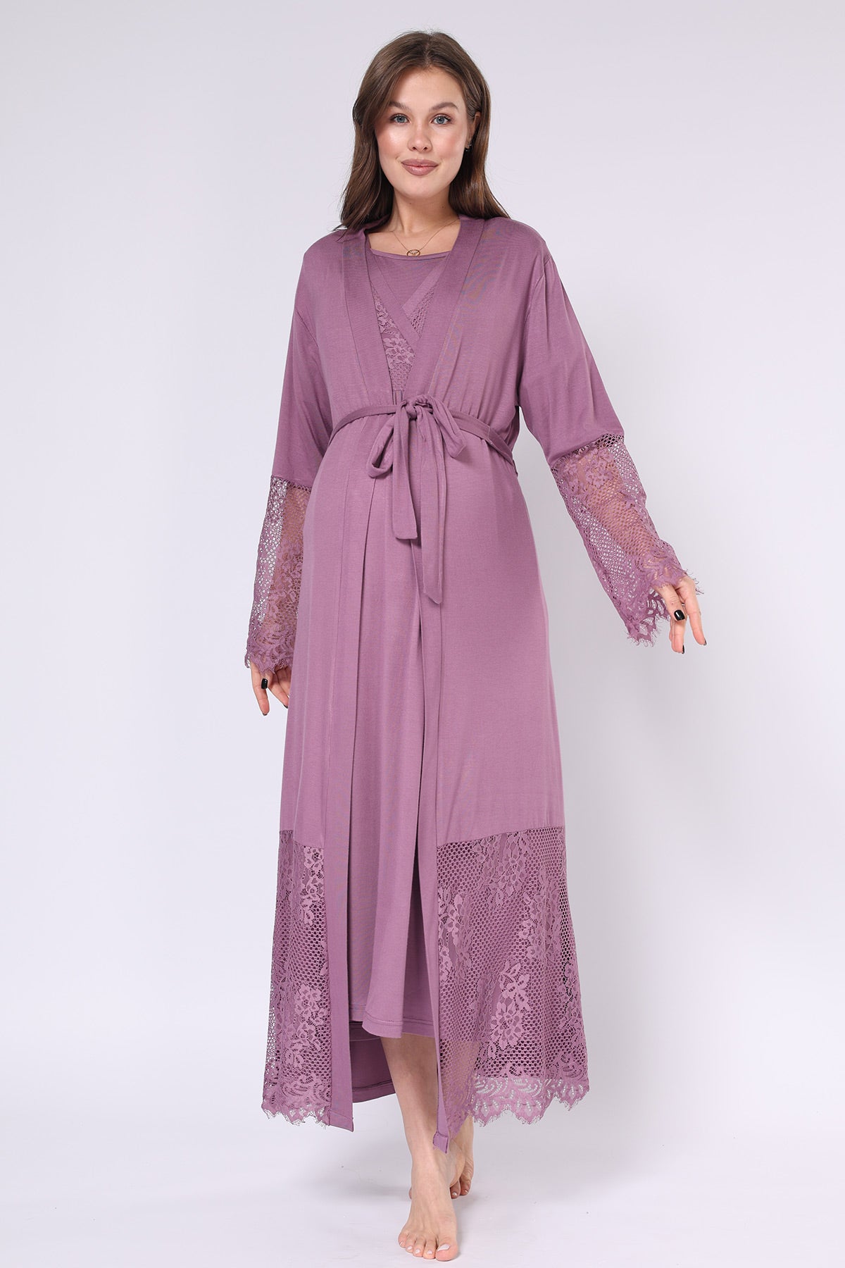 Lace Embroidered Maternity-Nursing Nightgown & Robe Set Plum - 551