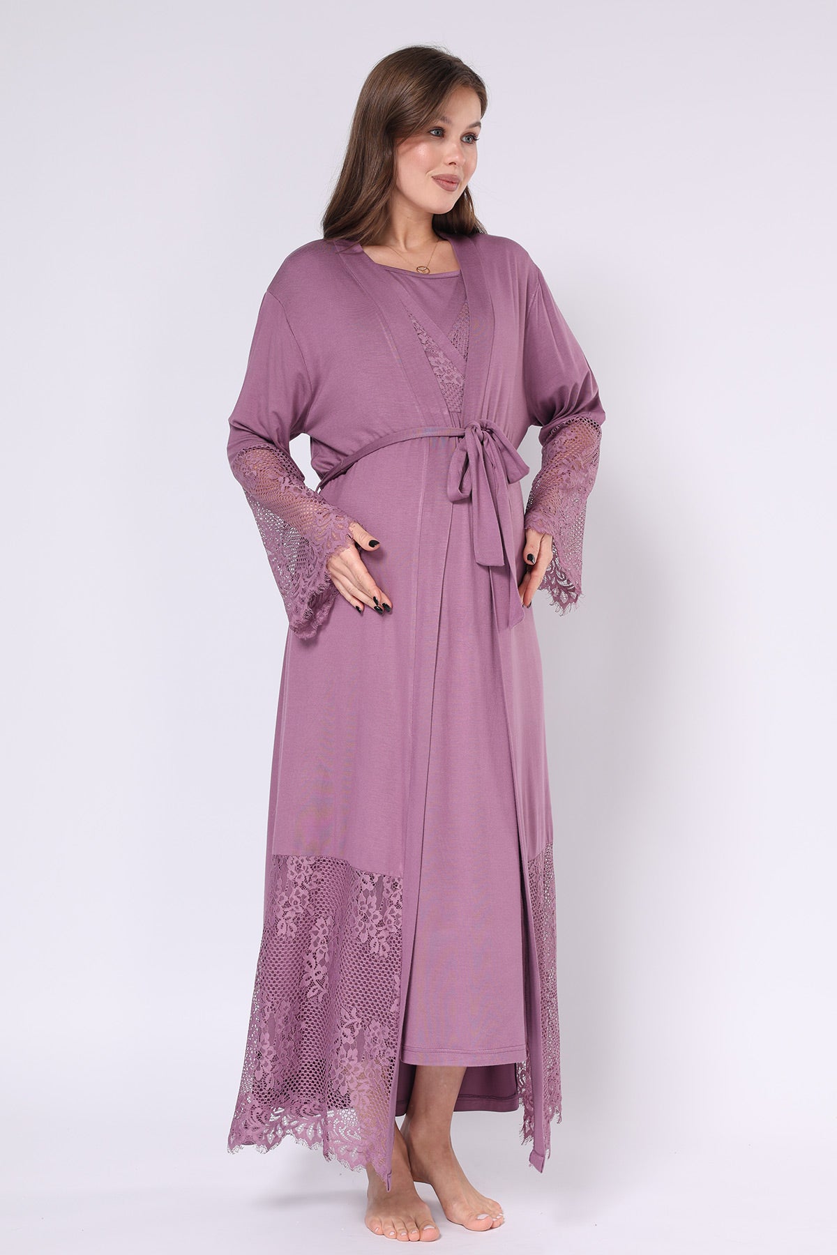 Lace Embroidered Maternity-Nursing Nightgown & Robe Set Plum - 551