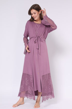 Lace Embroidered Maternity-Nursing Nightgown & Robe Set Plum - 551