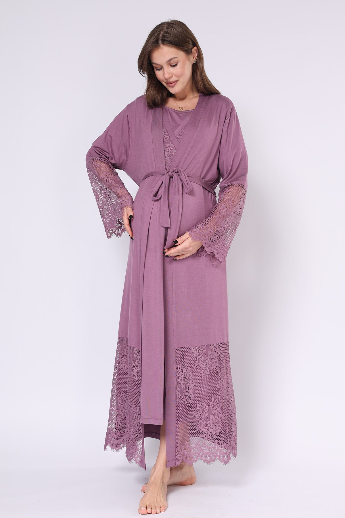 Lace Embroidered Maternity-Nursing Nightgown & Robe Set Plum - 551