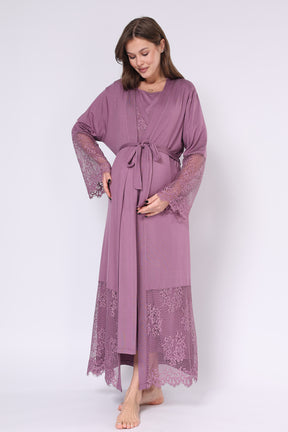 Lace Embroidered Maternity-Nursing Nightgown & Robe Set Plum - 551