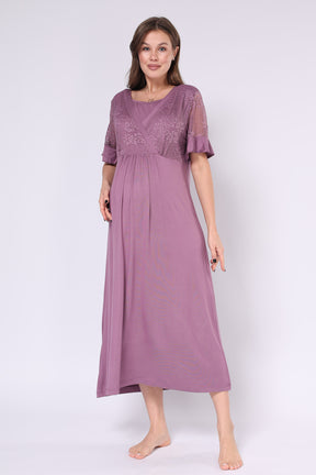 Lace Embroidered Maternity-Nursing Nightgown & Robe Set Plum - 551