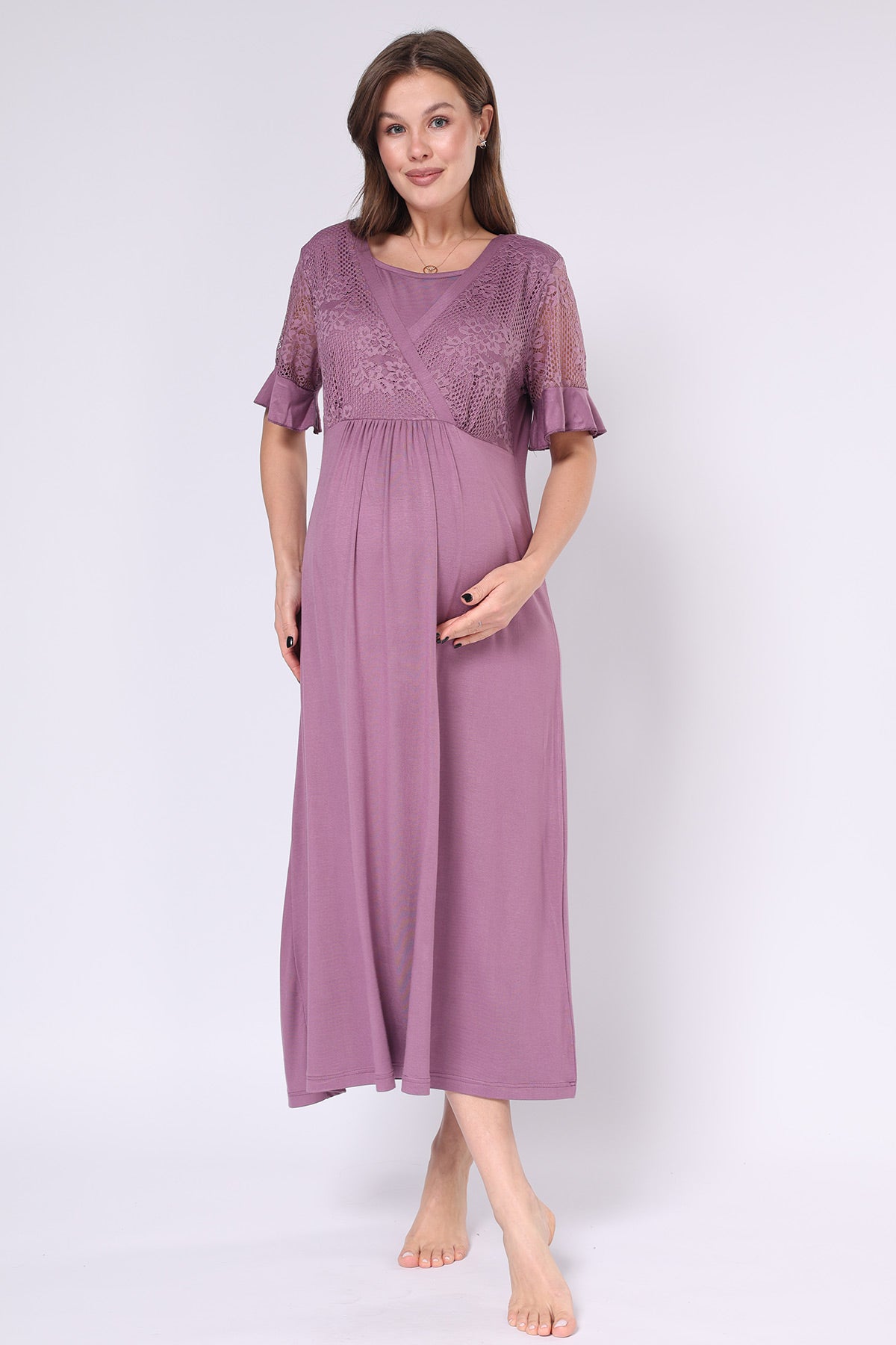 Lace Embroidered Maternity-Nursing Nightgown & Robe Set Plum - 551