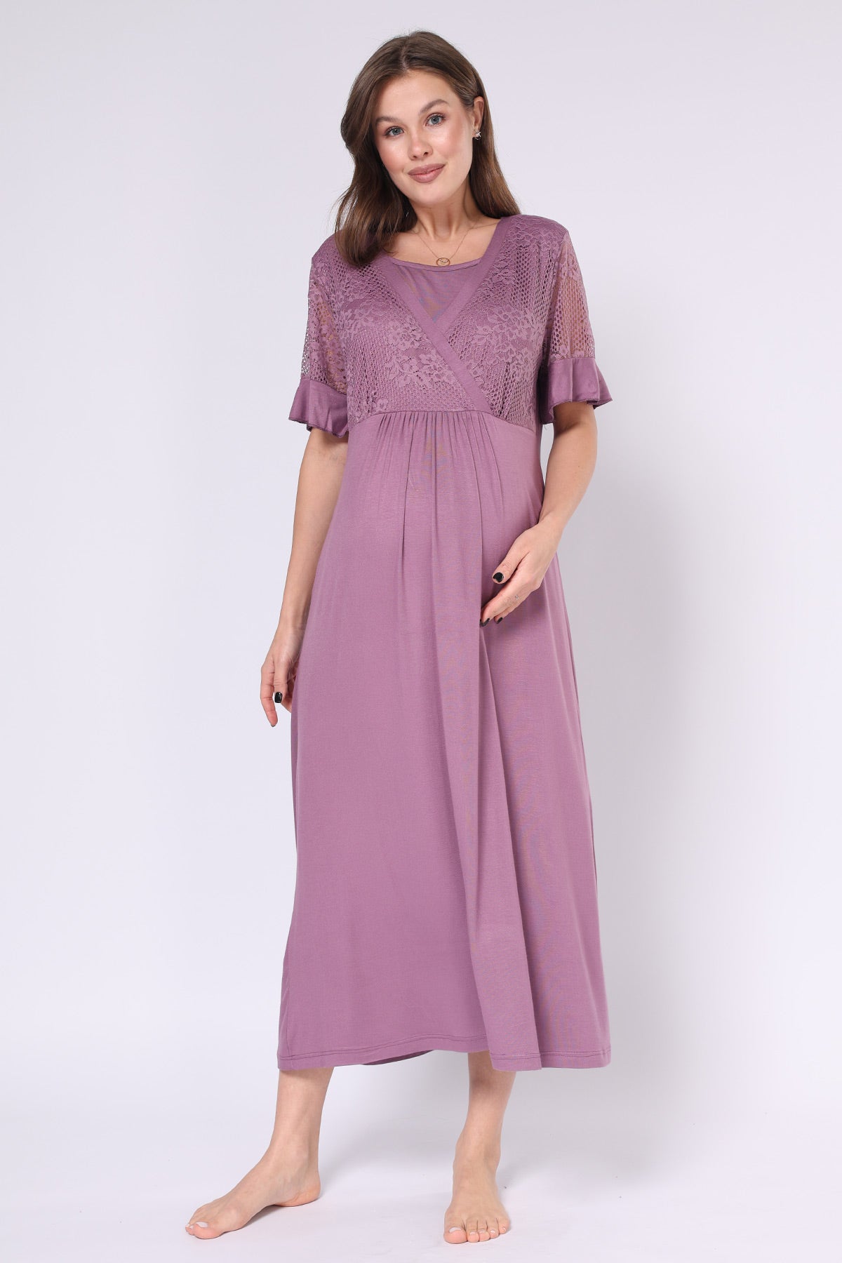 Lace Embroidered Maternity-Nursing Nightgown & Robe Set Plum - 551