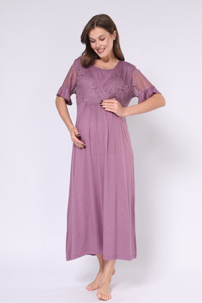 Lace Embroidered Maternity-Nursing Nightgown & Robe Set Plum - 551