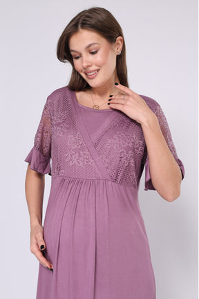 Lace Embroidered Maternity-Nursing Nightgown & Robe Set Plum - 551