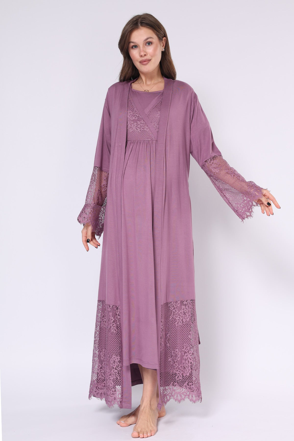 Lace Embroidered Maternity-Nursing Nightgown & Robe Set Plum - 551