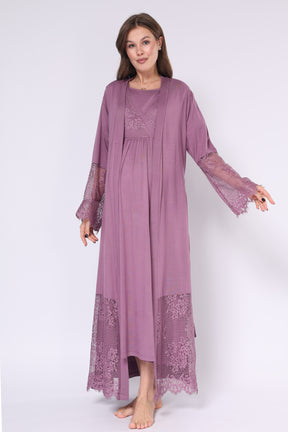 Lace Embroidered Maternity-Nursing Nightgown & Robe Set Plum - 551