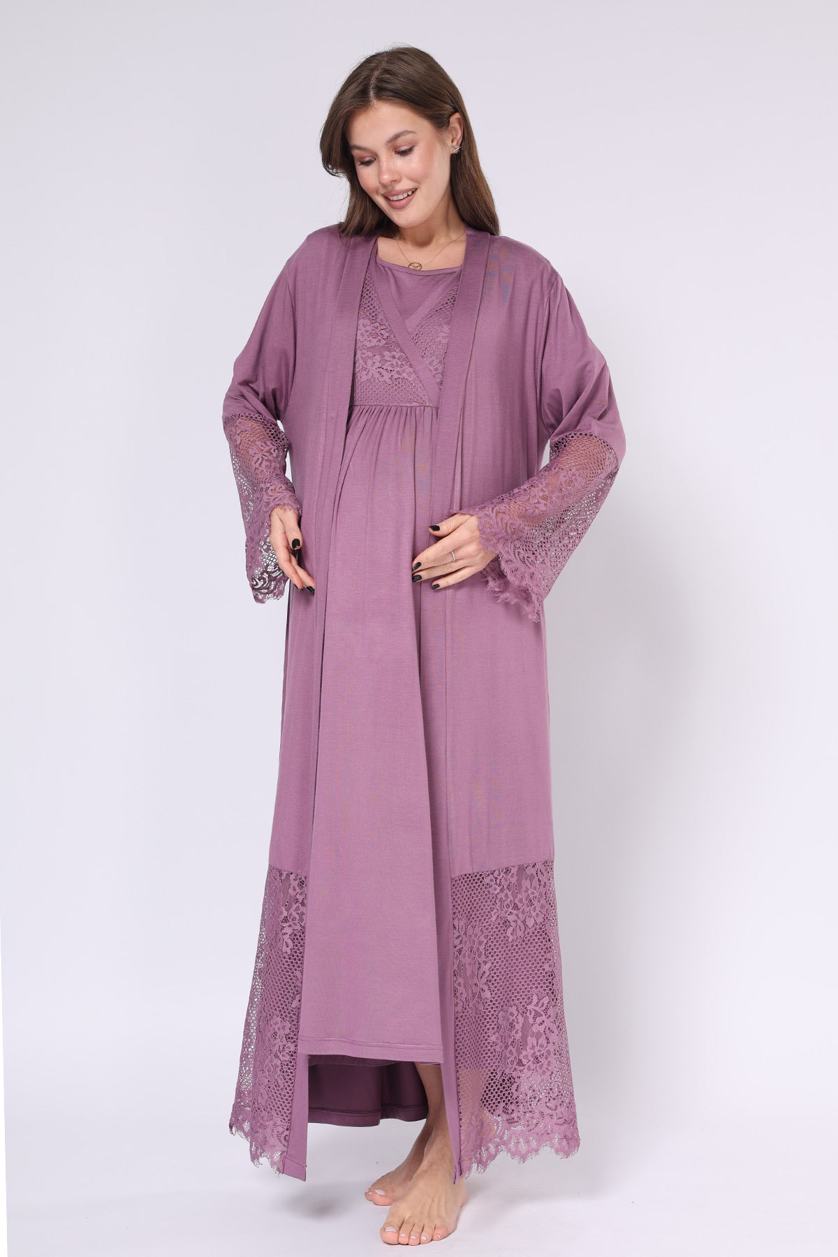 Lace Embroidered Maternity-Nursing Nightgown & Robe Set Plum - 551