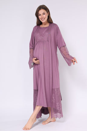 Lace Embroidered Maternity-Nursing Nightgown & Robe Set Plum - 551