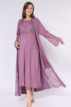 Lace Embroidered Maternity-Nursing Nightgown & Robe Set Plum - 551