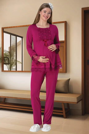 Guipure 3-Pieces Maternity & Nursing Pajamas With Knitwear Robe Fuchsia - 5569