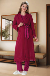 Guipure 3-Pieces Maternity & Nursing Pajamas With Knitwear Robe Fuchsia - 5569