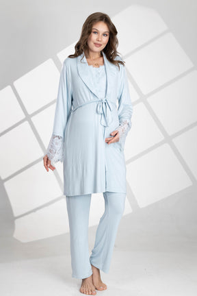 Lace Sleeve 3-Piece Maternity-Nursing Pajama & Robe Set Blue - 560